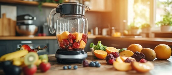 A blender filled with fresh fruit,  peaches, strawberries, and mango sits on a kitchen counter with other fruit pieces.