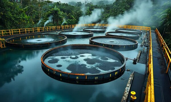 A serene industrial scene with circular tanks surrounded by misty nature, possibly for water treatment.