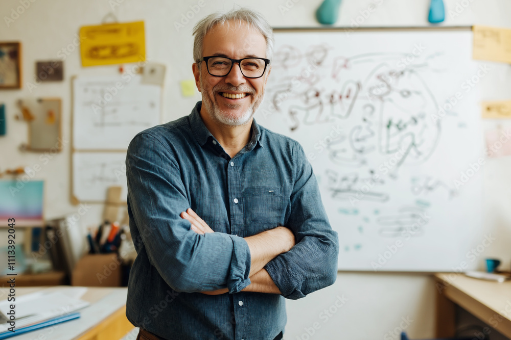 Poster smiling man in glasses standing confidently in a creative workspace. generative ai
