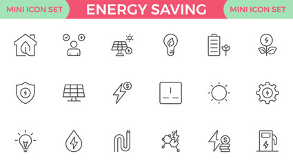 Energy Saving outline icon set with conservation, reduce waste, consumption, management, efficiency, gas emission and green house. Eco related icons Energy Costs, Power ConsumptionGreen House