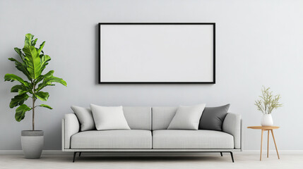 Stylish living room with modern sofa and empty frame on wall
