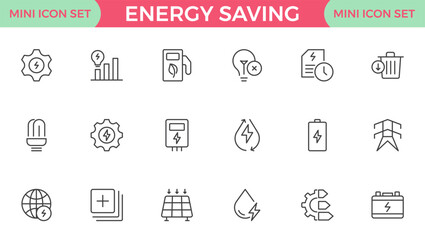 Energy Saving outline icon set with conservation, reduce waste, consumption, management, efficiency, gas emission and green house. Eco related icons Energy Costs, Power ConsumptionGreen House