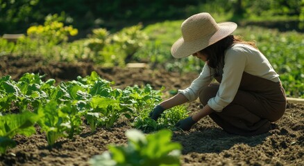 Portrait of a beautiful young woman in a hat and overalls tending to her vegetable garden, planting herbs and vegetables outdoors