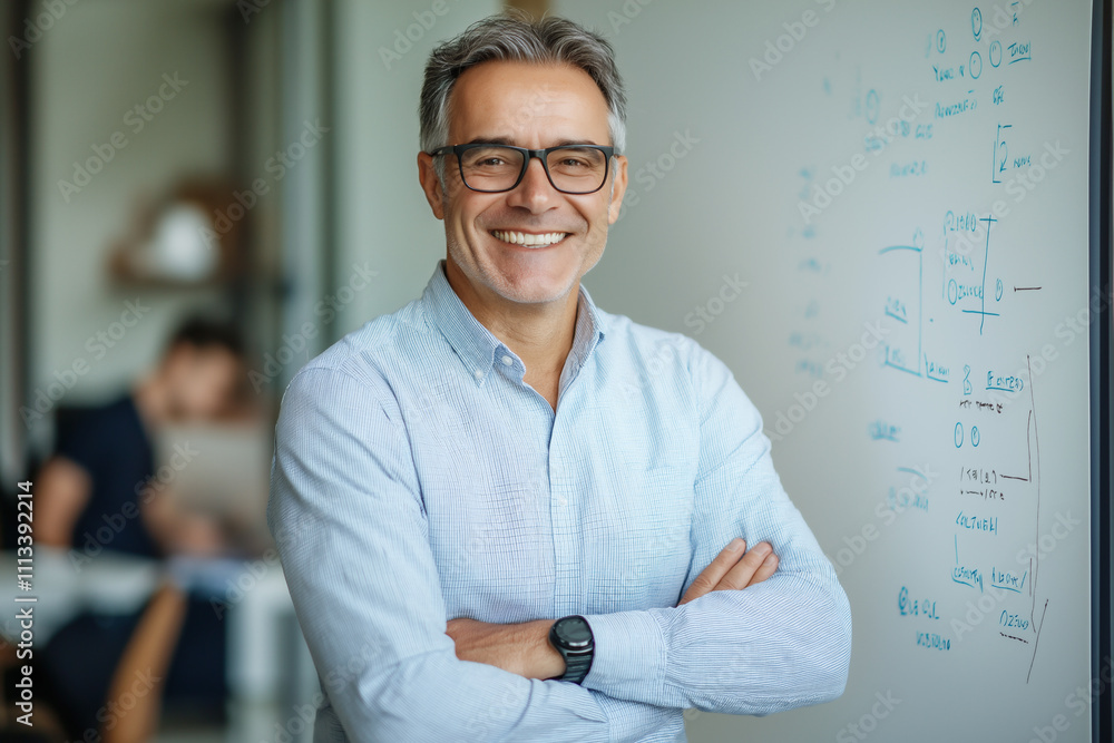 Poster professional man smiling confidently in a modern office setting during daytime. generative ai