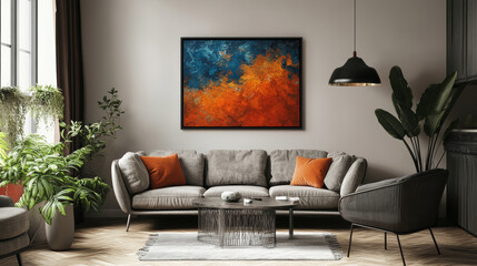 Stylish living room with modern art and cozy furniture, creating warmth
