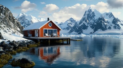 Fototapeta premium Cozy Red Cabin by Serene Lake Surrounded by Majestic Snow-Capped Mountains and Clear Sky