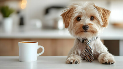 Cute dog in a tie next to coffee cup.