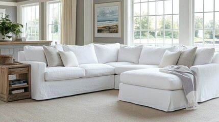 Fototapeta premium White Sectional Sofa In Bright Living Room