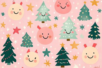 Playful Christmas Tree and Smiley Face Pattern on Pink Background