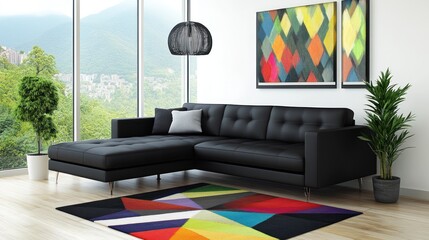 Modern Living Room With Black Sectional Sofa And Colorful Rug