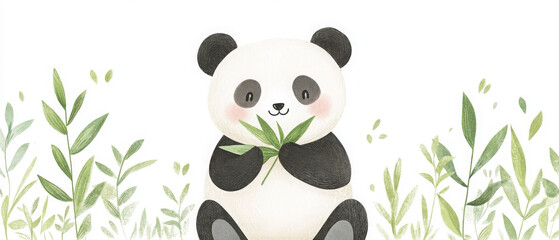 Whimsical illustration of panda happily eating bamboo surrounded by greenery