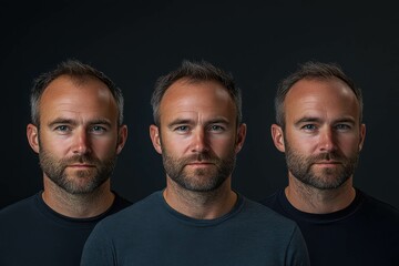 Obraz premium Englishman , 3 steps of hair growth product, first - before with thinning hair, second - partially healthy hair, third - after with healthy hair, realistic results