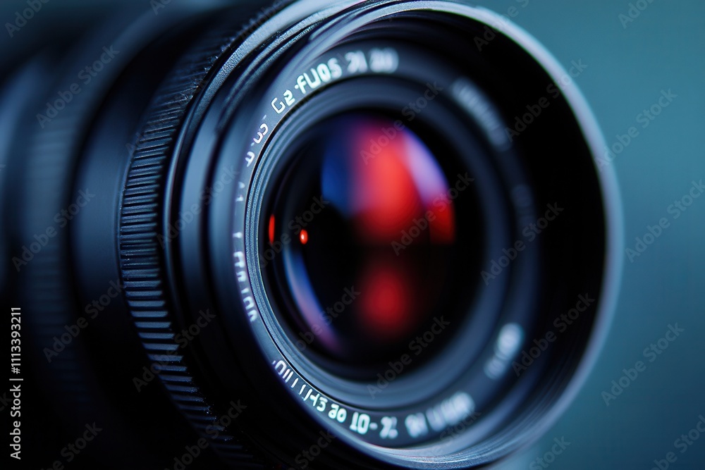 Poster close-up of a camera lens with red reflection.