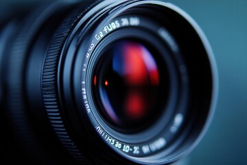 Close-up of a camera lens with red reflection.
