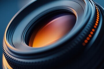 Close-up of a camera lens with shallow depth of field, showcasing its intricate details and warm, orange-hued internal reflection.