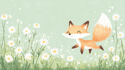 Fototapeta premium Charming cartoon fox running through field of daisies, joyful and playful