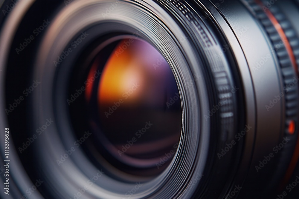 Poster close-up of a camera lens with shallow depth of field, showing intricate details and warm color refl