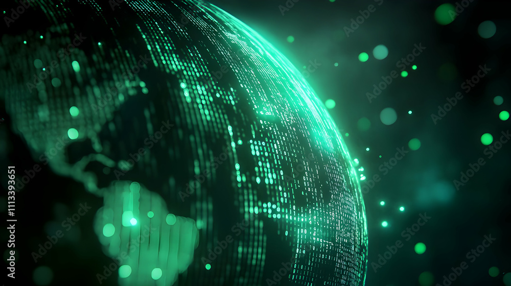 Poster digital globe with green particles and light.