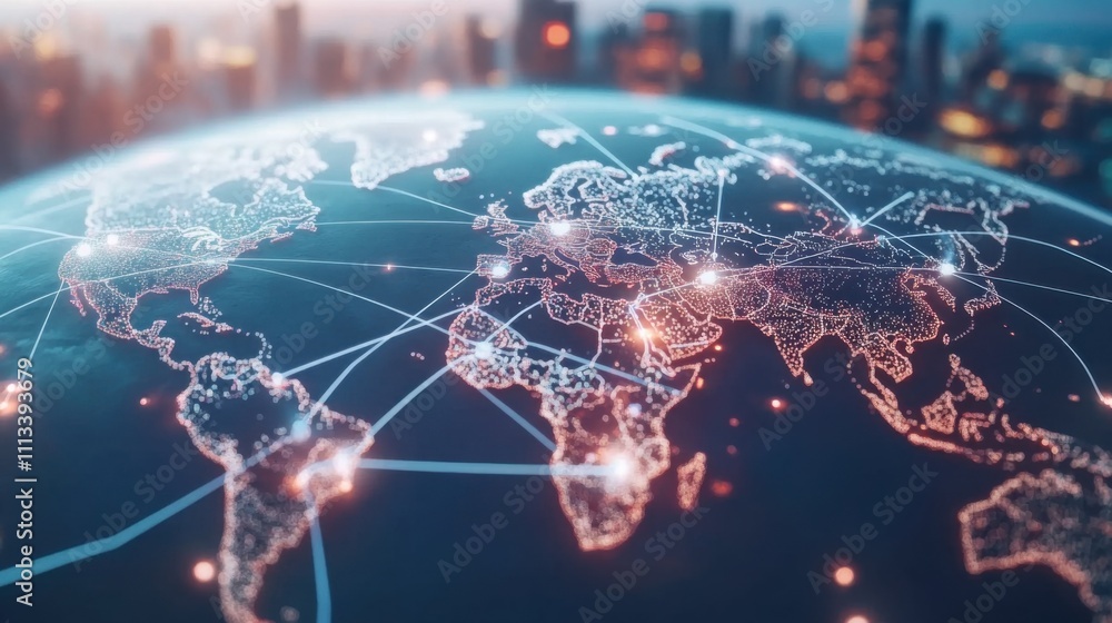 Poster global connectivity concept with digital world map and network lines