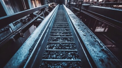 Fototapeta premium Industrial Conveyor Belt System Transports Dark Material