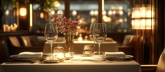 Romantic table setting with candlelight, two wine glasses, and flowers in a vase at a restaurant.