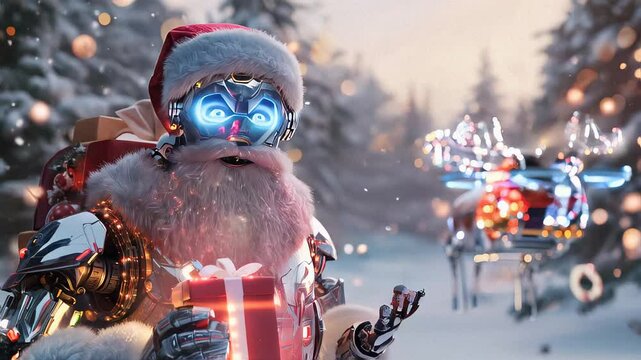 Cybernetic Santa Claus Delivering Christmas Gifts in a Futuristic Winter Wonderland