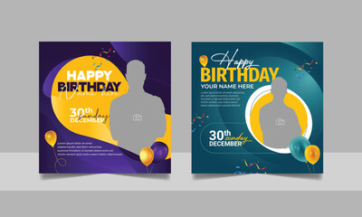 Birthday wishes social media post template, party invitation or greeting card, happy wedding anniversary celebration event square banner poster design set