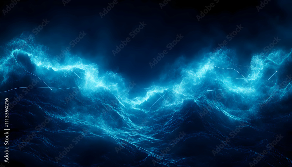 Poster dynamic blue waves creating a mystical scene.