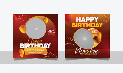 Birthday wishes social media post template, party invitation or greeting card, happy wedding anniversary celebration event square banner poster design set