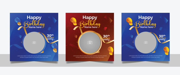 Birthday wishes social media post template, party invitation or greeting card, happy wedding anniversary celebration event square banner poster design set