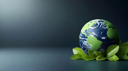 Earth globe with green leaves on dark background.