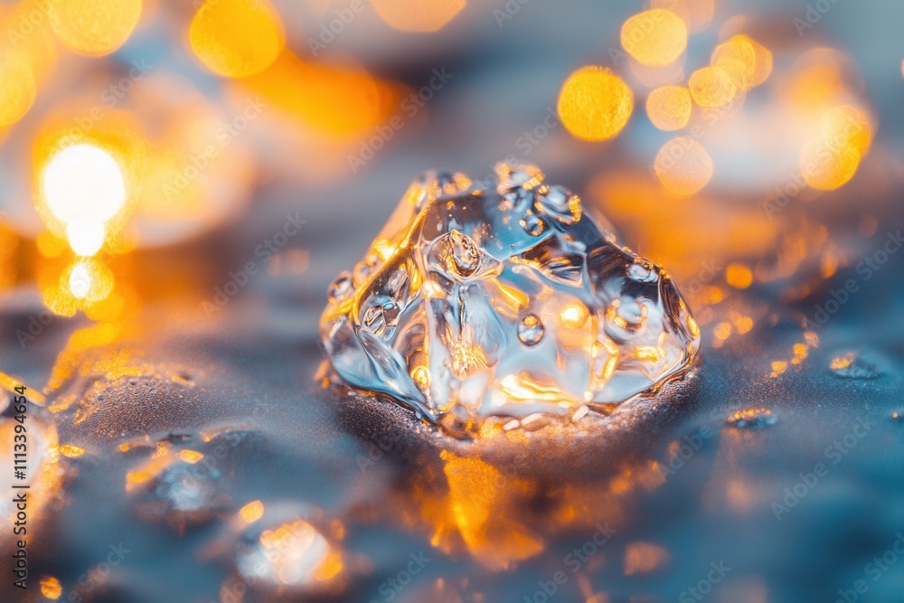 Poster close-up of a clear ice cube on a reflective surface with blurred warm lights in the background.