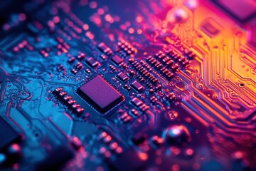 Close-up of a circuit board with vibrant colors.