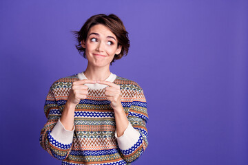 Photo of lovely dreamy shy woman wear trendy clothes look empty space isolated on purple color...