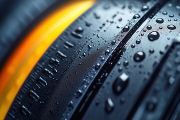 Close-up of a dark, wet, circular object with markings, showing water droplets.