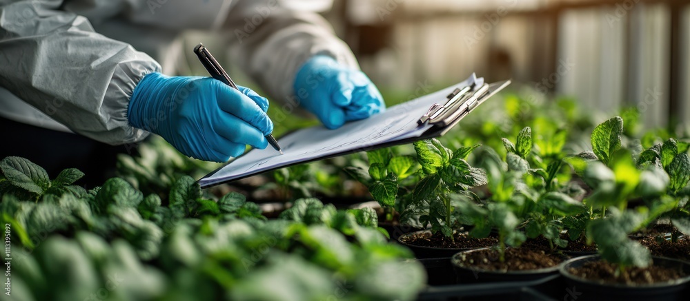 Aufkleber a gloved hand writes notes on a clipboard while examining a row of seedlings.
