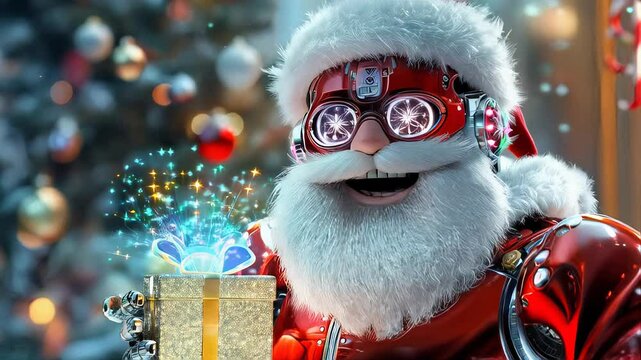 Futuristic Santa Claus Robot Holding a Sparkling Gift Box during Christmas Season
