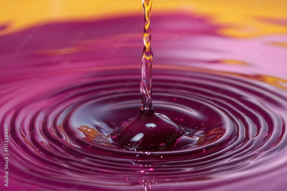 Poster close-up of a drop of purple liquid falling into a pool of liquid, creating concentric ripples.