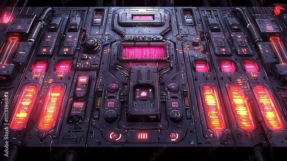 Poster futuristic control panel with glowing buttons and switches.