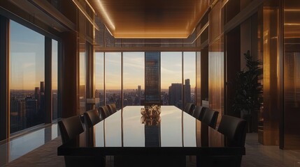 A modern conference room with a stunning city view at sunset.