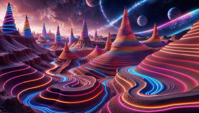 a colorful landscape with a waterfall and a Dazzling Castles and Canyons of Twisted Wavy Sandstone