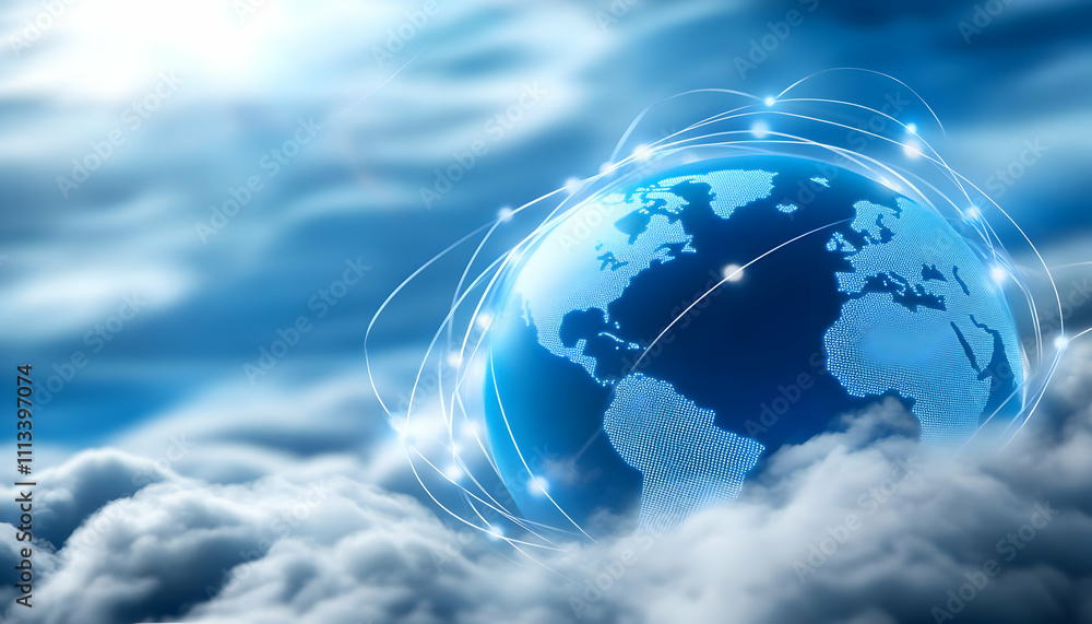 Poster global network connection concept over clouds.
