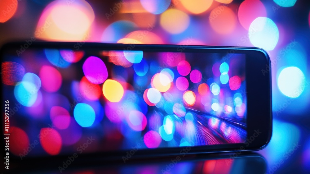 Poster a smartphone displaying vibrant, colorful bokeh lights, creating a dynamic visual effect.