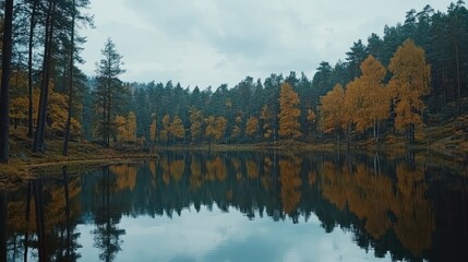 Obraz premium Autumnal Forest Lake Reflecting Trees and Sky