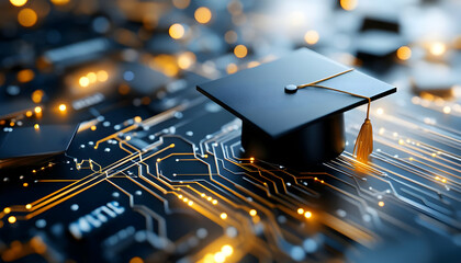 Graduation cap on circuit board background.