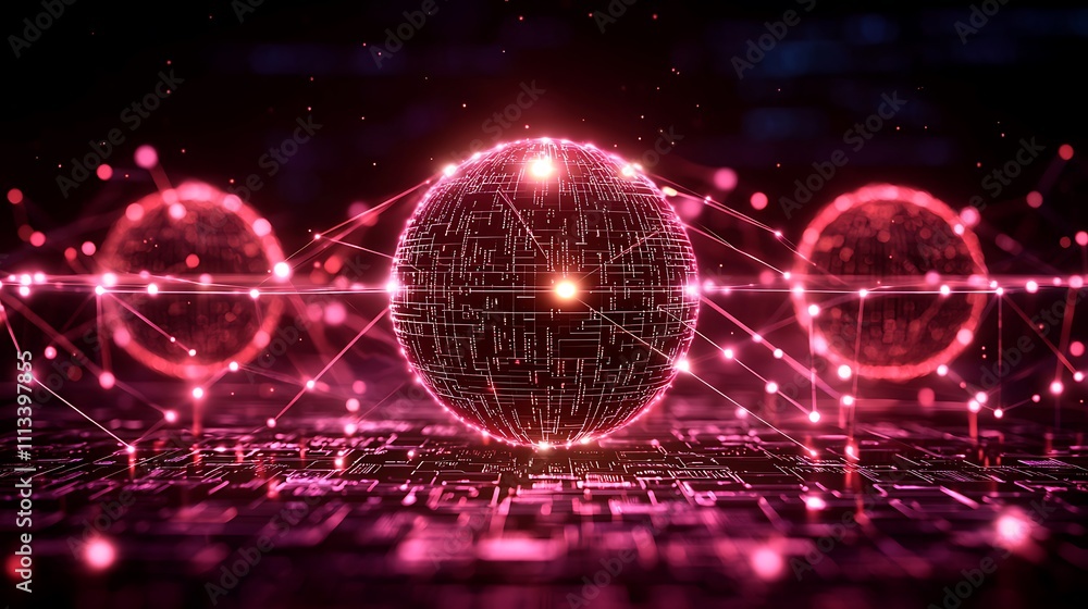 Poster futuristic glowing sphere connected by network lines on a dark circuit board.