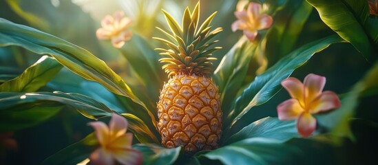A ripe pineapple surrounded by tropical leaves and flowers in a lush, sunny setting.