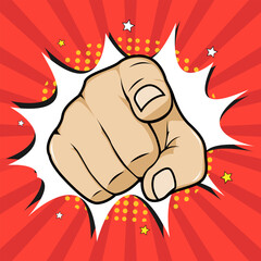 Hand pointing finger at you with speech bubble in retro comic pop art style vector illustrations