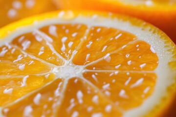 Close-up of a juicy orange slice, showing its texture and vibrant color.