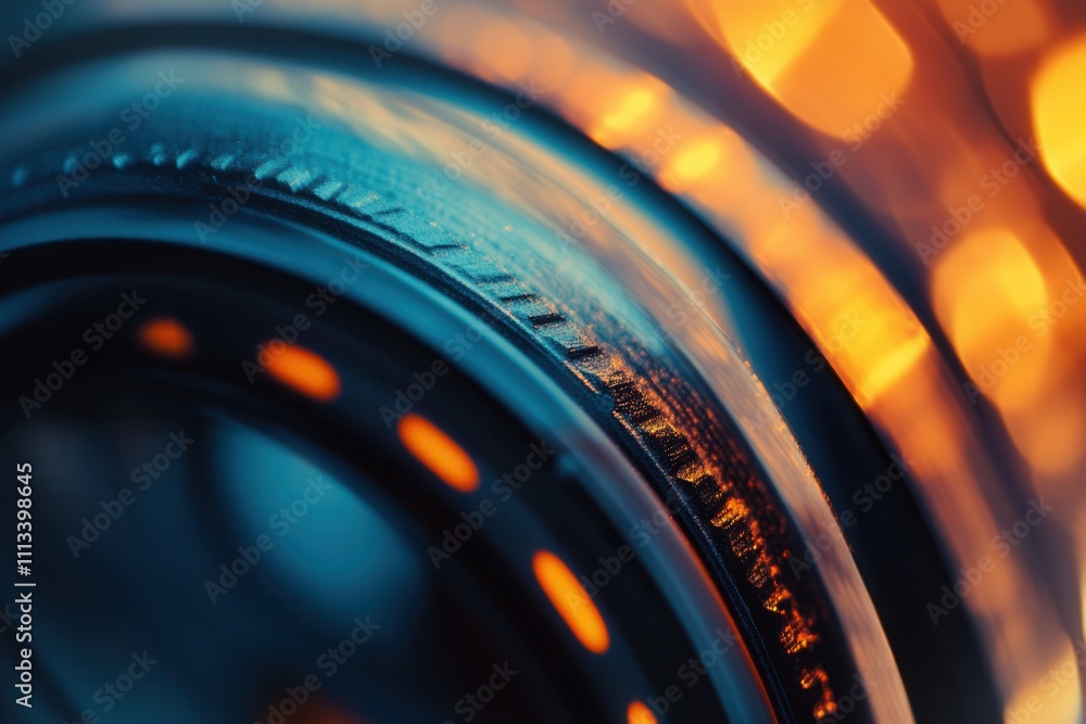 Poster close-up of a metallic circular object with warm bokeh background.